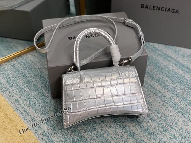 Balenciaga專櫃爆款Hourglass沙漏包 巴黎世家銀色鱷魚紋小號手提包 fyj1723